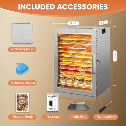 Food-Dehydrator Machine 12 Stainless Steel Trays, 10.9ft² Meat Dehydrator for Jerky, 800W Dryer for Herbs, 190ºF Temperature Control,24H Timer,Powerful Drying Capacity for Fruits,Yogurt