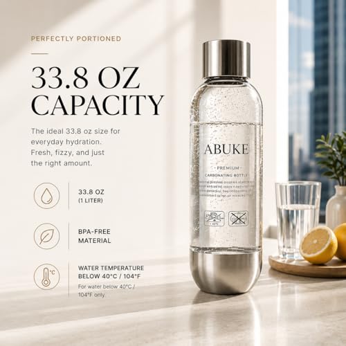 ABUKE Aluminum Sparkling Water Maker with Lever Handle, Metal Body & Nozzle, Compatible with Threaded CO2 Cylinders, Automatic Pressure Release, BPA-Free PET Bottle, 2-Year Warranty