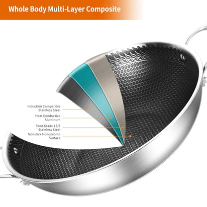 DELARLO Tri-Ply Stainless Steel Wok Pan With Lid 14 Inch Non stick,Woks & Stir-Fry Pans Nonstick 6QT Deep Frying Pan, Induction Saute Pan With Lid,Dishwasher and Oven Safe
