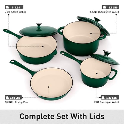 MAISON ARTS 7 Piece Enameled Cast Iron Cookware Set, Induction Dutch Oven Pot with Lid, Emerald Non Toxic Pots and Pans set, PFOA-PFOS Free