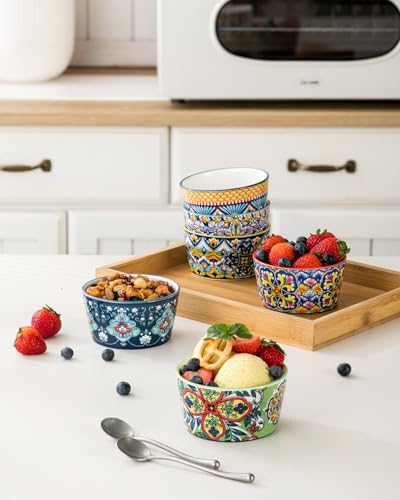 Ramekins Oven Safe for Creme Brulee - Porcelain Pudding Custard Cups 6 oz - Small Serving Bowls for Souffle, Dipping Sauce, Ice Cream, Baking Ramiken Set of 6 - Bohemian Style