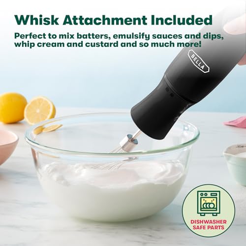 BELLA Immersion Hand Blender, Portable Mixer with Whisk Attachment - Electric Handheld Juicer, Shakes, Baby Food and Smoothie Maker, Stainless Steel, Black