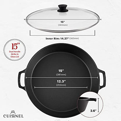 Cuisinel Cast Iron Skillet + Glass Lid + Red Chainmail Scrubber - 15"-Inch Dual Handle Braiser Frying Pan + Silicone Handle Covers - Pre-Seasoned Oven Cookware - Indoor/Outdoor. PFAS and PFOA-free
