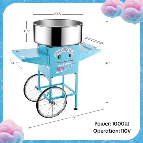 Cotton Candy Machine With Cart – 1000W Flufftastic Floss Maker With Stainless-Steel Pan, Side Trays, And 13in Wheels By Great Northern Popcorn (Blue)