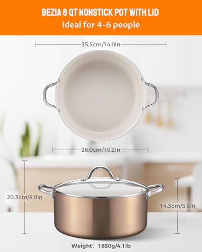 BEZIA 8 Quart Nonstick Stock Pot with Lid, Golden Granite Cooking Pot for Effortless Cleanup, Perfect for Family Dinners & Daily Cooking, Induction Compatible