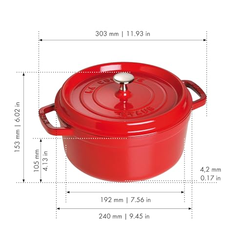 Staub Cast Iron Round Cocotte, Dutch Oven, 4-quart, serves 3-4, Made in France, Cherry