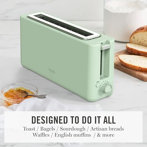Martha Stewart 2 Slice Long Slot Toaster, Extra Wide for Sourdough & Bagels, 10 Setting Shade Control, Removable Crumb Tray, Self-Centering Design, Defrost/Reheat, Cancel, Slim Space-Saving, Honeydew