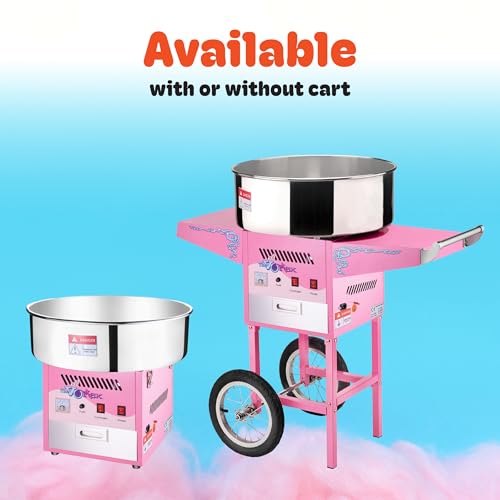 Cotton Candy Machine with Cart Vortex Candy Maker with Stainless-Steel Pan, 2 Side Trays, and 13-inch Wheels by Great Northern Popcorn (Pink)
