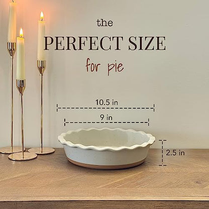 Mora Deep Fluted Ceramic Pie Dish for Apple Pie, Quiche, Tart - 9 inch - Modern Farmhouse Style Porcelain - Earl Grey
