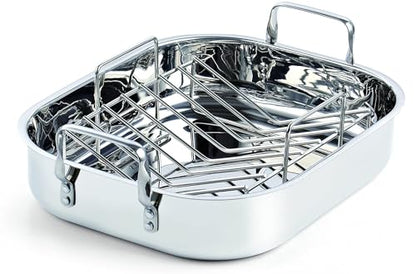 Cooks Standard Stainless Steel Roaster Pan with V-Shaped Rack, Inner 14-Inch x 11-Inch; Edge 15-Inch x 12-Inch; Turkey Roasting Pan Bakeware for Oven, Rectangular