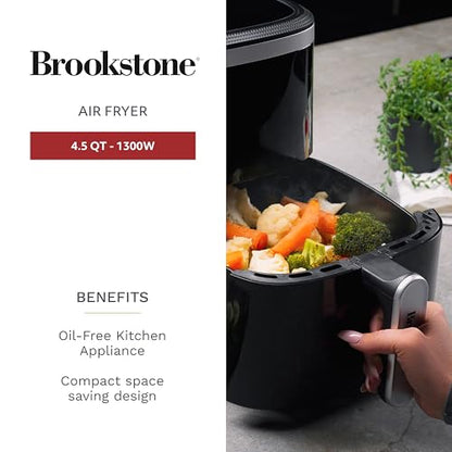 Brookstone Air Fryer – 4.5 Qt, 1300W Large Capacity Fryer with LED Display, 8 Presets, Adjustable Temp, Oil-Free Kitchen Appliance for Baking, Roasting, Frying, Healthy Crispy Meals, Black
