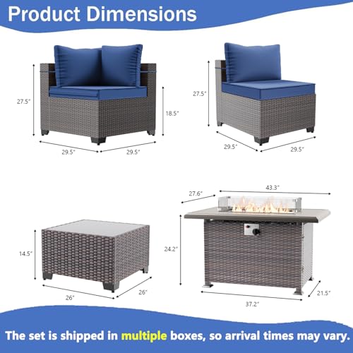 RTDTD 13 Pieces Outdoor Patio Furniture Set,Outdoor Sectional Furniture with 43" 55000 BTU Gas Propane Fire Pit Table,PE Rattan Wicker Patio Conversation Set with 10 Thickened Cushions,Navy Blue