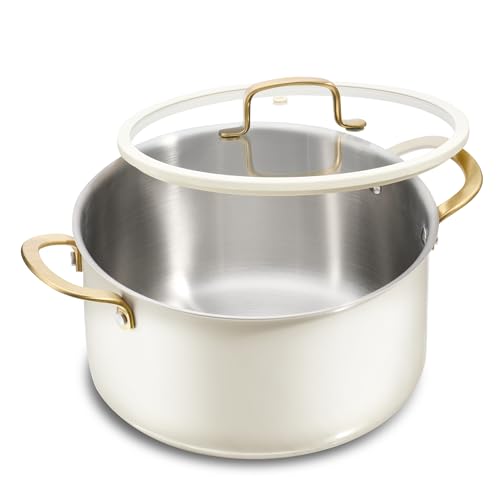 CAROTE 6QT Full Clad Tri Ply Stainless Steel Stock Pot with Lid, Kitchen Stockpot Soup Pot, Outer Ceramic Layer, Even Heating, All Stoves Compatible, Oven & Dishwasher Safe, Stay Cool Handle, White