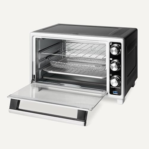 Amazon Basics 6-Slice 23-QT Toaster Oven with Built-In Air Fryer, 7-In-1 Cooking Options, 60-Min Timer & Adjustable Temperature (200°F - 450°F), With Accessories, 1500W, Stainless Steel, Silver/Gray