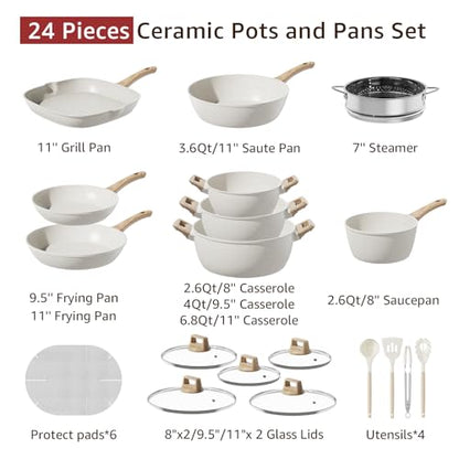 24Pcs Pots and Pans Set Non Stick,Ceramic Cookware Set with Titanium-Reinforced Nonstick Coating,Long-Lasting,PFAS-Free,Induction Compatible,Full Kitchen Set with 3 Stock Pots for Family Cooking