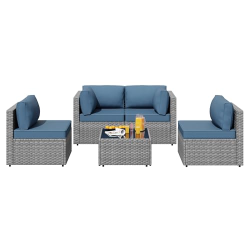 SUNLEI 5 Piece Patio Furniture Sets, Low Back All-Weather Rattan Sectional Sofa with Tea Table&Washable Couch Cushions, Patio Furniture Set (Silver Rattan Aegean Blue, 5 Pcs)