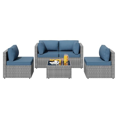 SUNLEI 5 Piece Patio Furniture Sets, Low Back All-Weather Rattan Sectional Sofa with Tea Table&Washable Couch Cushions, Patio Furniture Set (Silver Rattan Aegean Blue, 5 Pcs)