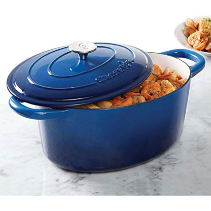 Crock Pot Artisan 7-Quart Oval Enameled Cast Iron Dutch Oven – Sapphire Blue, Heavy-Duty Cookware for Slow Cooking, Roasting, Baking with Lid
