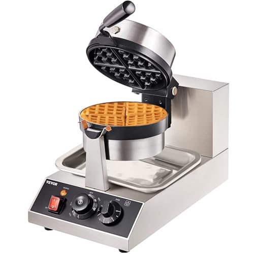 VEVOR Commercial Waffle Maker, 1300W Round Waffle Iron, Non-Stick Rotatable Waffle Baker Machine With 122-572℉ Temp Range and Time Control, Teflon-Coated Baking Pan Stainless Steel Body 110V