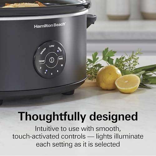 Hamilton Beach 7 Quart Set & Forget Portable Programmable Slow Cooker, 15 Cooking Options With 5 Time and 3 Heat Options, Large Dishwasher Safe Stoneware Crock and Glass, Lid Latch, Black (33670)