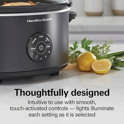 Hamilton Beach 7 Quart Set & Forget Portable Programmable Slow Cooker, 15 Cooking Options With 5 Time and 3 Heat Options, Large Dishwasher Safe Stoneware Crock and Glass, Lid Latch, Black (33670)