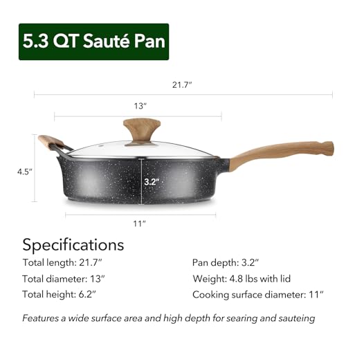 AnimoZest Nonstick Deep Frying Pan with Lid, 5.3 QT Swiss Granite Coating Sauté Pan, 13 Inch Healthy Non Stick Skillet Cooking Pan and Helper Handle with Silicone Cover, PFOA Free, Induction Ready.