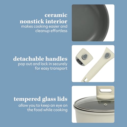 Sur La Table Kitchen Essentials 13 Piece Detachable Handle Pots and Pans Premium PFA Free Premium Ceramic Non Stick Induction Safe and Secure Removable Handle Cookware Set - Eggshell White