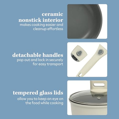 Sur La Table Kitchen Essentials 13 Piece Detachable Handle Pots and Pans Premium PFA Free Premium Ceramic Non Stick Induction Safe and Secure Removable Handle Cookware Set - Eggshell White
