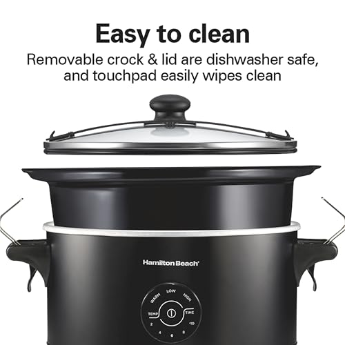 Hamilton Beach 7 Quart Stay or Go Portable Programmable Slow Cooker, 15 Cooking Options, Large Dishwasher Safe Stoneware Crock, Clip-Tight Glass Lid For Easy Travel, Black (33771)