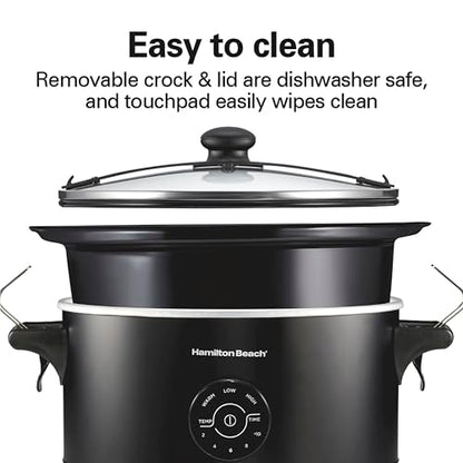 Hamilton Beach 7 Quart Stay or Go Portable Programmable Slow Cooker, 15 Cooking Options, Large Dishwasher Safe Stoneware Crock, Clip-Tight Glass Lid For Easy Travel, Black (33771)