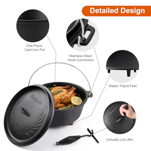 Blingco 8QT Pre-Seasoned Cast Iron Camp Dutch Oven with Lid, Large Camping Dutch Oven Pot, incl. Lid Lifter - Dual Handles - for Outdoor Campfire, Grill, Oven & Stovetop Cooking-Black
