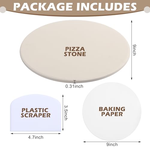 Hushee 9 Inch Round Small Pizza Stone with Scraper and 100 Pcs Parchment Paper Cordierite Cooking Baking Stone Thermal Shock Resistant up to 1400°f Bread Baking Stones for Oven Grill for BBQ RV Camp