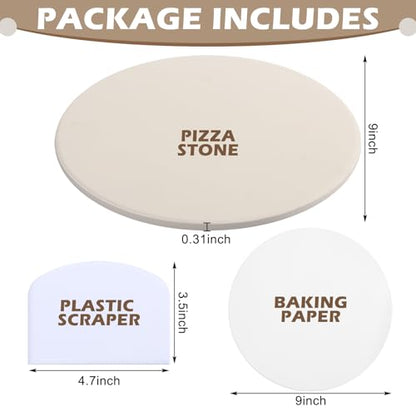 Hushee 9 Inch Round Small Pizza Stone with Scraper and 100 Pcs Parchment Paper Cordierite Cooking Baking Stone Thermal Shock Resistant up to 1400°f Bread Baking Stones for Oven Grill for BBQ RV Camp
