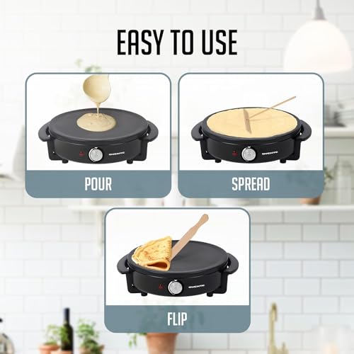 OVENTE 12-Inch Electric Crepe Maker & Griddle – Nonstick Hot Plate with Adjustable Temperature, LED Indicator, Batter Spreader & Spatula, Black CRM1122B