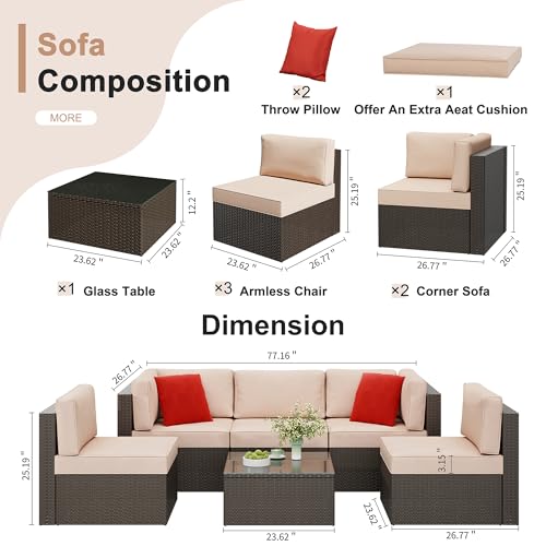 6 Pieces Patio Furniture Set Outdoor Couch Wicker Sectional Sofa, Beige