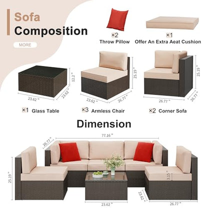 6 Pieces Patio Furniture Set Outdoor Couch Wicker Sectional Sofa, Beige