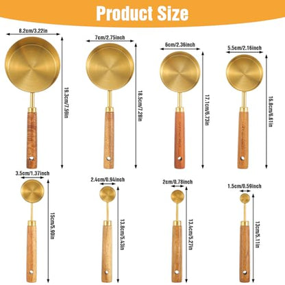 PercyEffie 8 Pcs Gold Measuring Cups and Spoons Set, Stainless Steel Measuring Cups with Wood Handles, 4 Stackable Wooden Measuring Cups and 4 Measuring Spoons Set for Kitchen Cooking and Baking