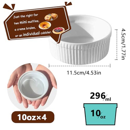 Cinf White 10 oz Set of 4 Souffle Dishes Ramekins Oven Microwave Safe Bowls Creme Brulee Sauce Cups for Baking Cooking Porcelain Individual Serving Size for Desserts