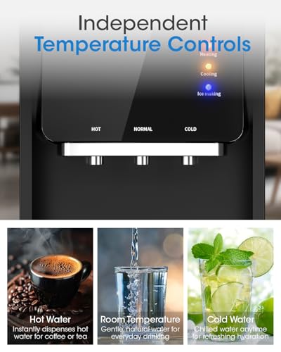 Manastin 4-in-1 Water Dispenser with Ice Maker, Hot & Cold & Room Temperature Top Loading Water Cooler with Fast Ice Making, Compatible with 3–5 Gallon Bottles, for Home and Office, Space Black