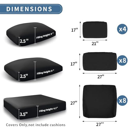 NICESOUL 20-Piece 27“x27 Patio Cushion Covers for Outdoor Furniture, Olefin Fade/UV-Resistant Sectional Couch Replacement Cover with Zipper, Woven Durable Slipcovers for Yard, Machine Washable, Black