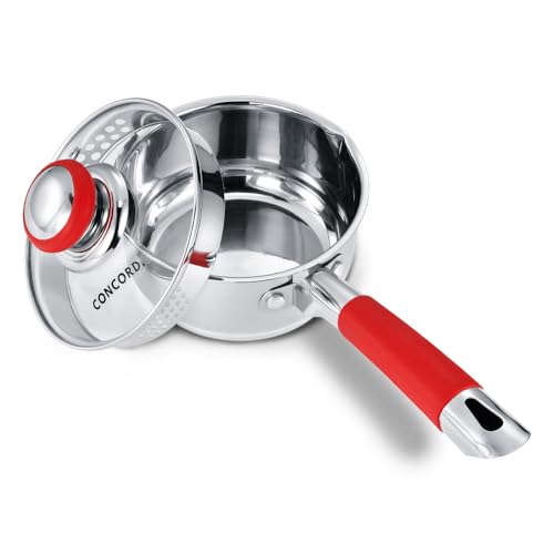 Concord 1 Quart Stainless Steel Saucepan with SIMPLE POUR Vented Glass Lid. Features Dual Pouring Spouts and Volume Marking. Perfect for making Sauces, Jam, Ramen, and more