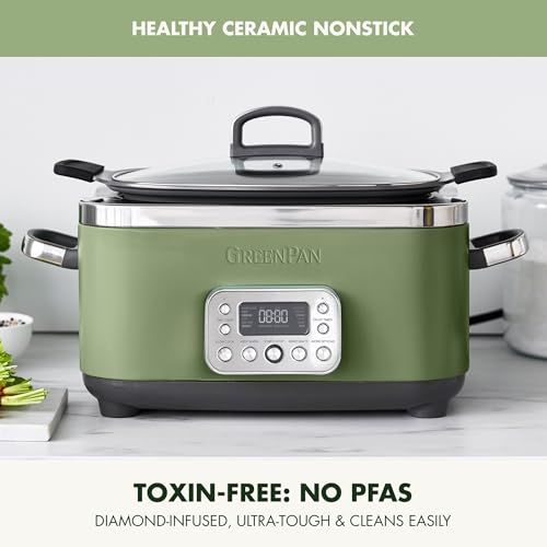 GreenPan Elite 14-in-1 Nonstick 6QT Electric Slow Cooker, PFAS-Free Ceramic Multi-Cooker, In-Pot Browning, Dishwasher Safe Lid & Removable Crock, Stainless Steel Steamer, Silicone Handles, Sage Green