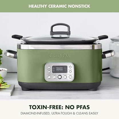 GreenPan Elite 14-in-1 Nonstick 6QT Electric Slow Cooker, PFAS-Free Ceramic Multi-Cooker, In-Pot Browning, Dishwasher Safe Lid & Removable Crock, Stainless Steel Steamer, Silicone Handles, Sage Green