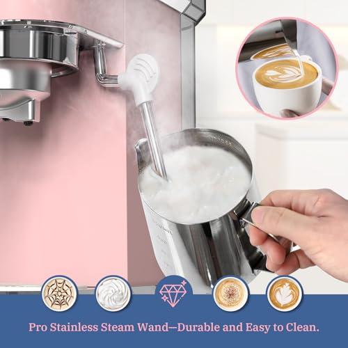 Laekerrt Professional Espresso Machine 20 Bar, Espresso Maker with Milk Frother Steam Wand, Stainless Steel Home Coffee Machines for Cappuccino and Latte, Gift for Women Wife Daughter or Mom, Pink