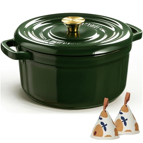 Overmont Enameled Cast Iron Dutch Oven - 5QT Pot with Lid Cookbook & Cotton Potholders - Heavy-Duty Cookware for Braising, Stews, Roasting, Sourdough Baking moss