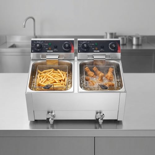 VEVOR Commercial Electric Deep Fryer, Upgrade Dual Tank 19 Qt, 3500W Stainless Steel Countertop Fryer with Baskets & Lids, Temp Control, Timer, Overheat Protection, for Commercial Restaurant, Silver