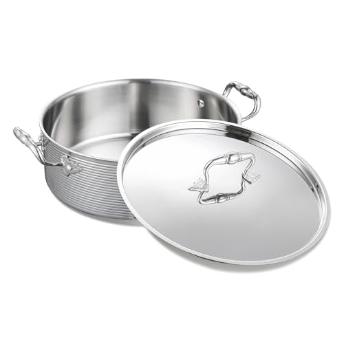 DELARLO Tri-Ply Stainless 7QT Braiser Pan With Steel Lid,Induction Saute pan Cooking Pot,Jumbo Cooker Deep Frying Pan 12 Inch,Dishwasher and Oven Safe,Compatible With All Cooktops Up to 650℉
