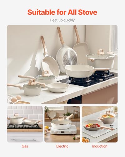 VEVOR 19 Piece Pots and Pans Set Nonstick, Granite Cookware Set, Induction Cookwares, Kitchen RV Cooking Sets with Frying, Sauce, Saute, Tempered Glass Lids, and Pan Protectors, White