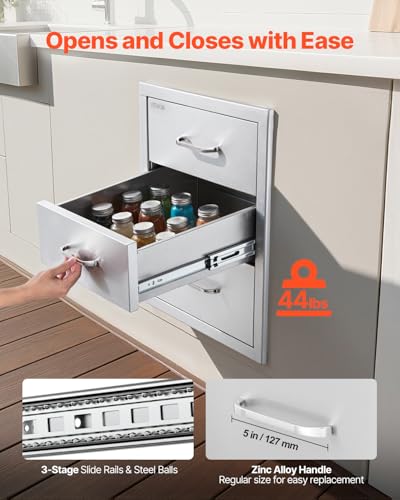VEVOR Outdoor Kitchen Drawers 18.11" W x 23.23" D x 23.23" H, Triple-Access Stainless Steel Modular Drawer Cabinet with Handles, BBQ Island Drawer for Outdoor Kitchen or BBQ Island Patio Grill Station