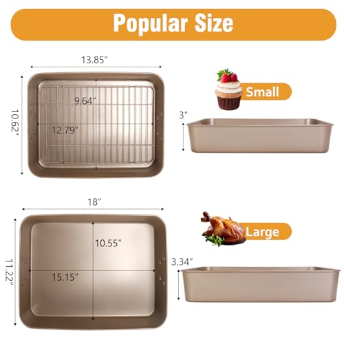 Roasting Pans with Handles, Bakeware Nonstick Steel Roaster with Flat Rack, Lasagna Pan 3 Inch Deep Baking Pan for Oven, Rectangle Cake Pans, Heavy Duty, Dishwasher Safe, 2 Pcs 13.7"16", Gold